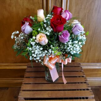 Dozen Mixed Roses Vased