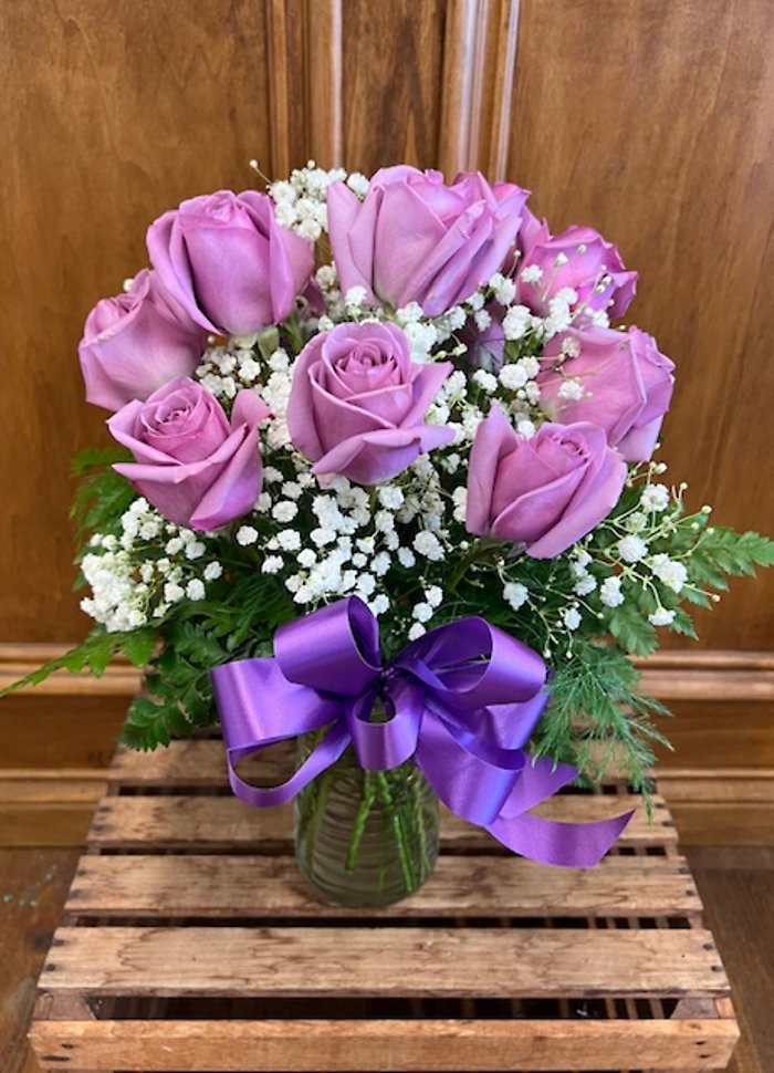 Dozen Lavender Roses Vased
