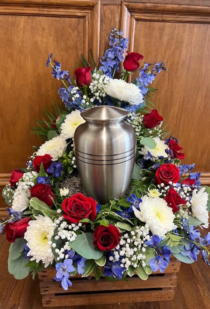 Lutz Red, White and Blue Urn Arrangement
