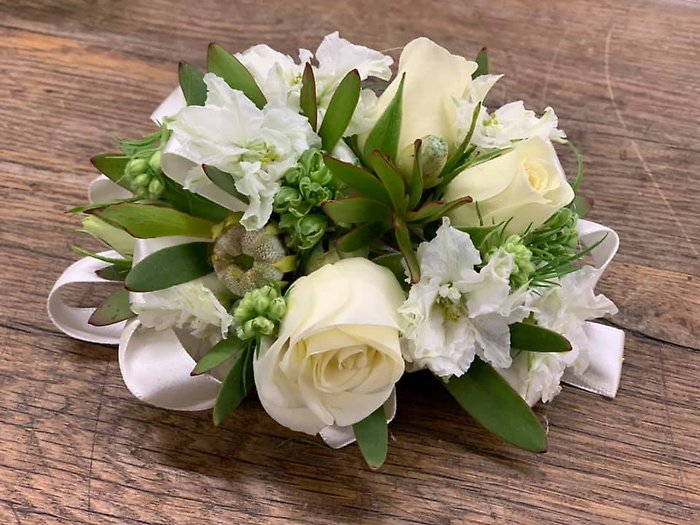 White & green mix corsage